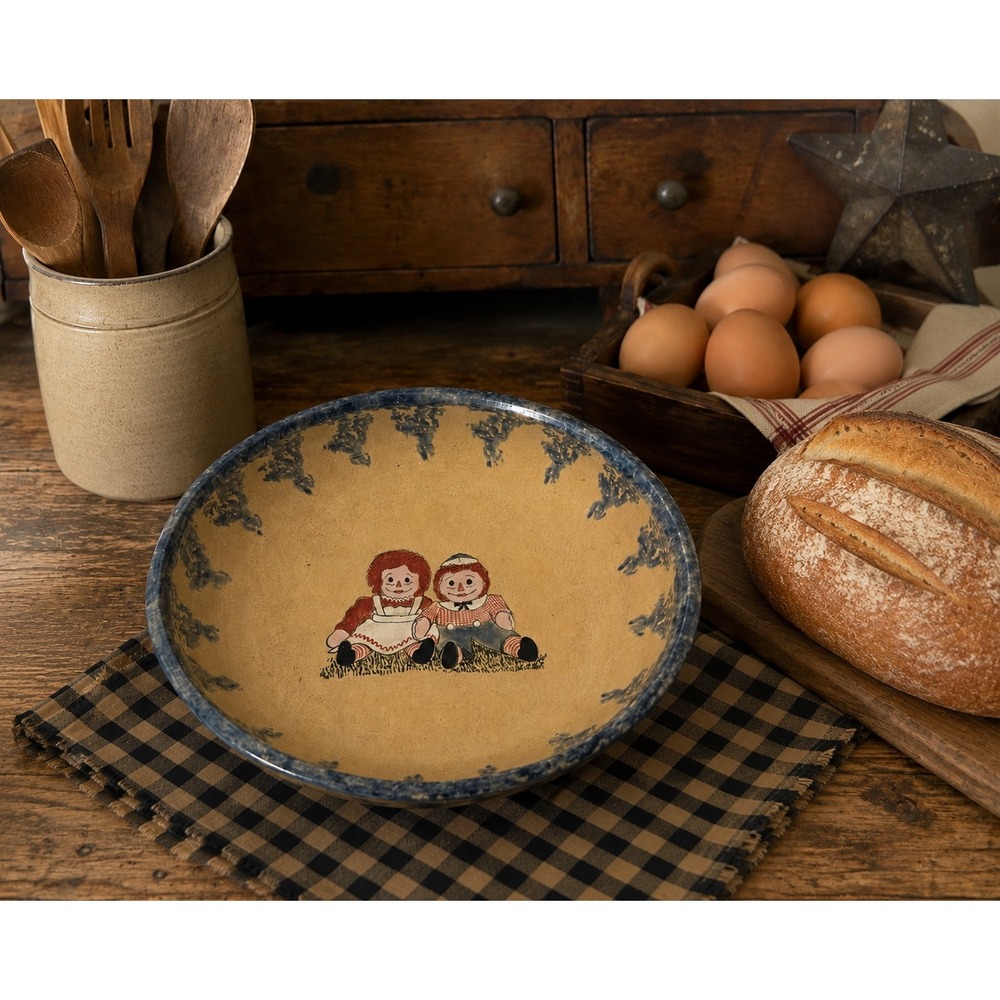 Signed Nancy Anderson 1997 Raggedy Ann Andy Stoneware Folk Art Handmade Bowl